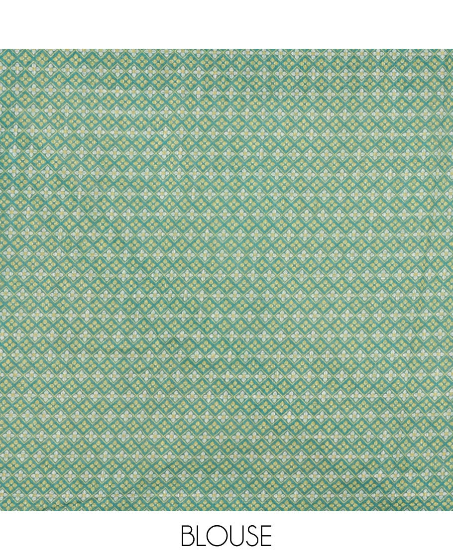 White half-plain & half-printed linen cotton saree, ramar-color diamond-patterned border, kalamkari-style flora-fauna printed pallu & diamond jaal printed blouse