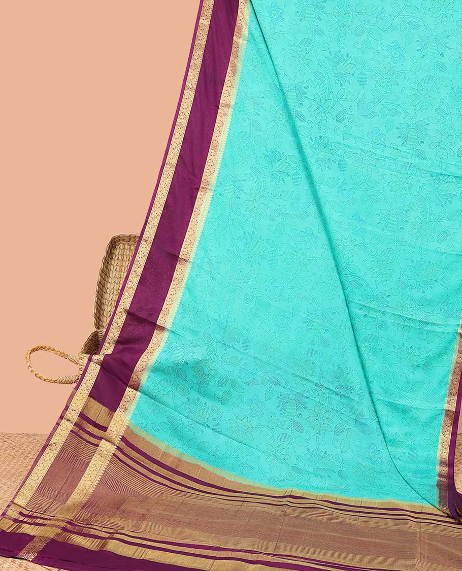 Blue madhubani-style floral vine semi-banaras printed saree, contrast traditional design border & striped pallu