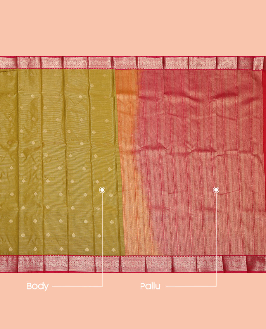 Green Budget Silk Saree, Embellished with Zari Buttas and Stripes on Its Body, Complemented by a Contrast Traditional Zari Design Border, Grand Geometric-Patterned Pallu, and Paired with a Contrast Blouse
