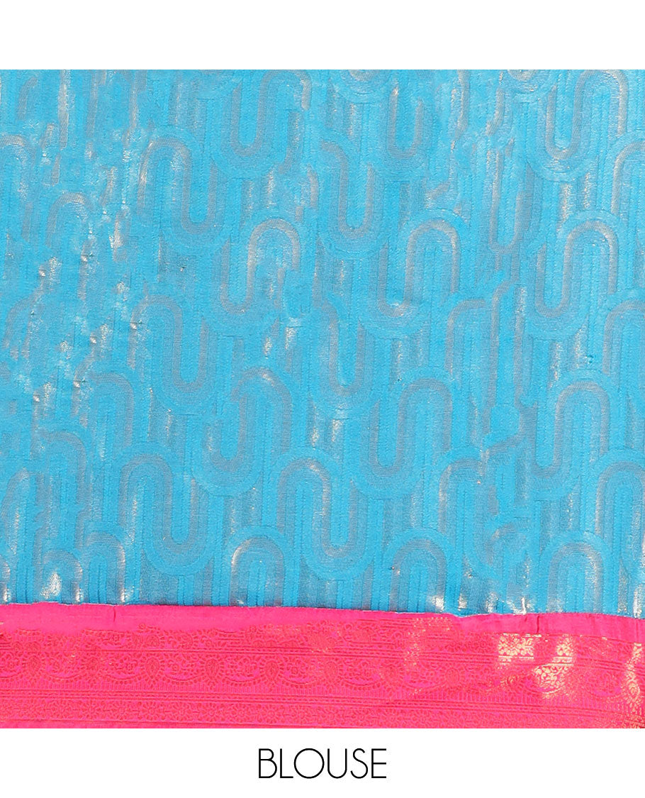 Blue geometric patterned artsilk halfsaree,contrast traditional zari design & stonework border & intricate dhavani