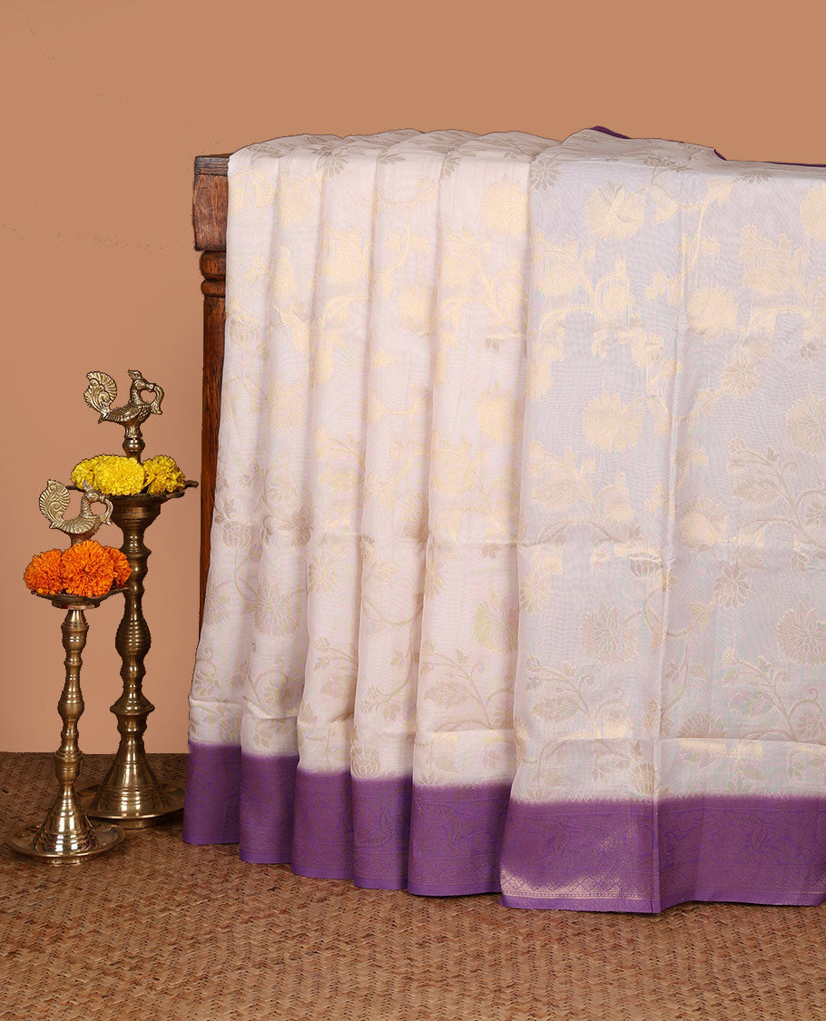 Cream with violet zari jall weaving design banaras brasso saree with contrast jacquard border & weaving pallu along with butta design blouse
