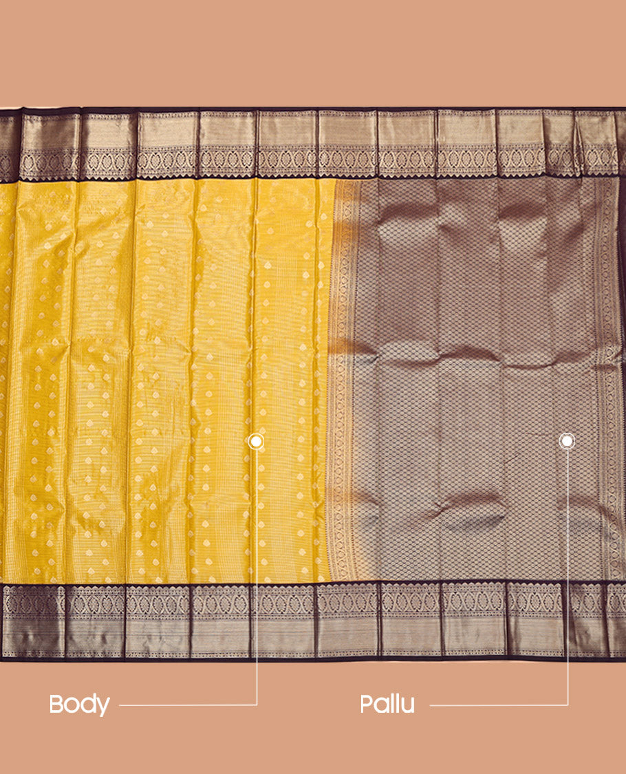 Mustard Budget Silk Saree, Elevated with Zari Buttas and Checks, Complemented by a Contrast Traditional Zari Design Border, Grand Jaal Pallu, and a Contrast Blouse