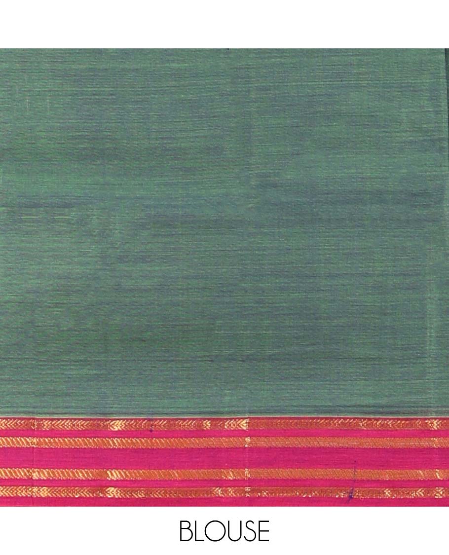 Green plain Narayanapet cotton saree, contrast traditional design border & striped pallu
