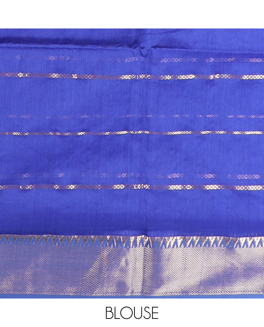 Blue stripedmaheshwari cotton saree with self floral zari design border & checked pallu