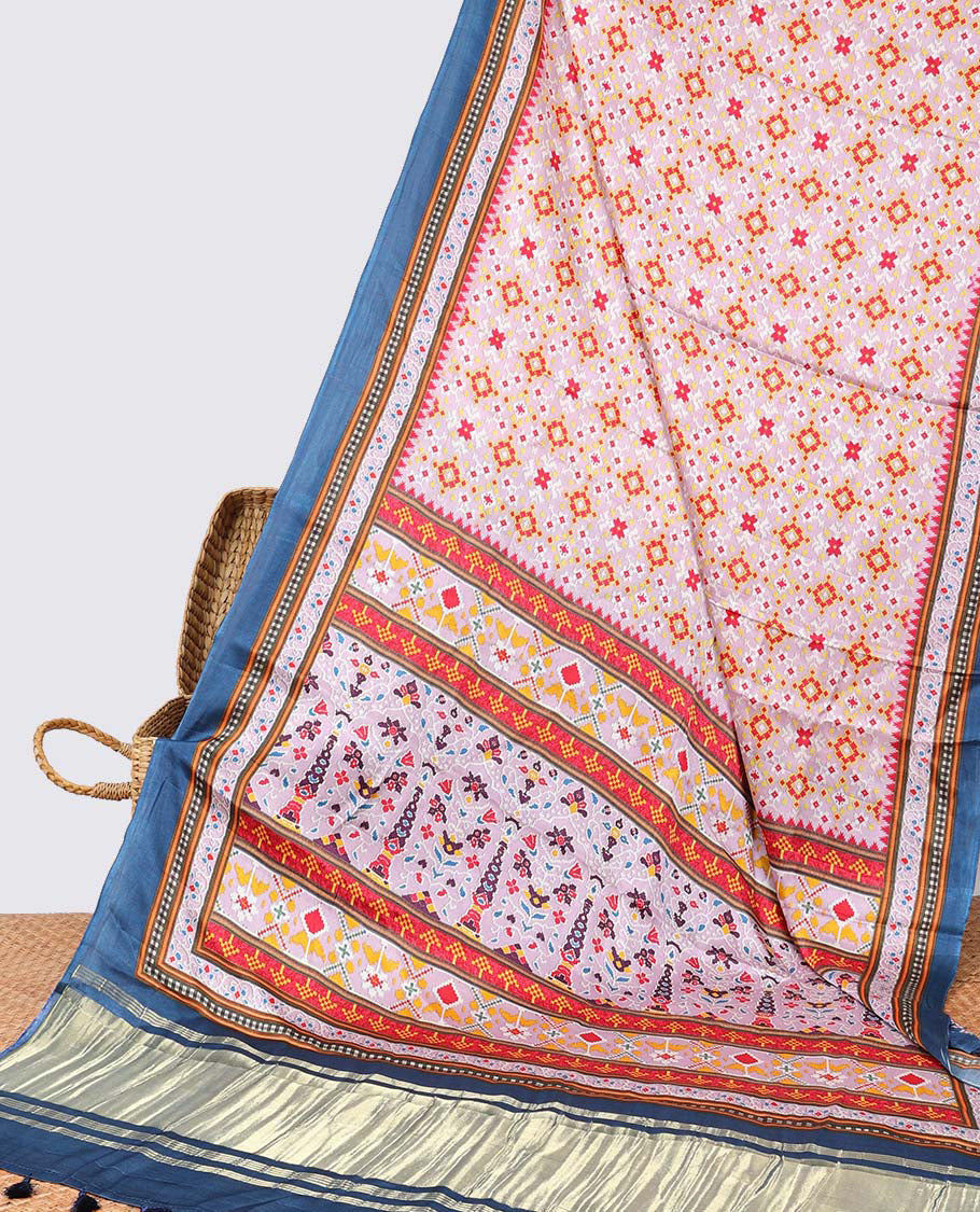 Multi-colored geometric design semi-banaras printed saree with contrast plain border & intricate design pallu