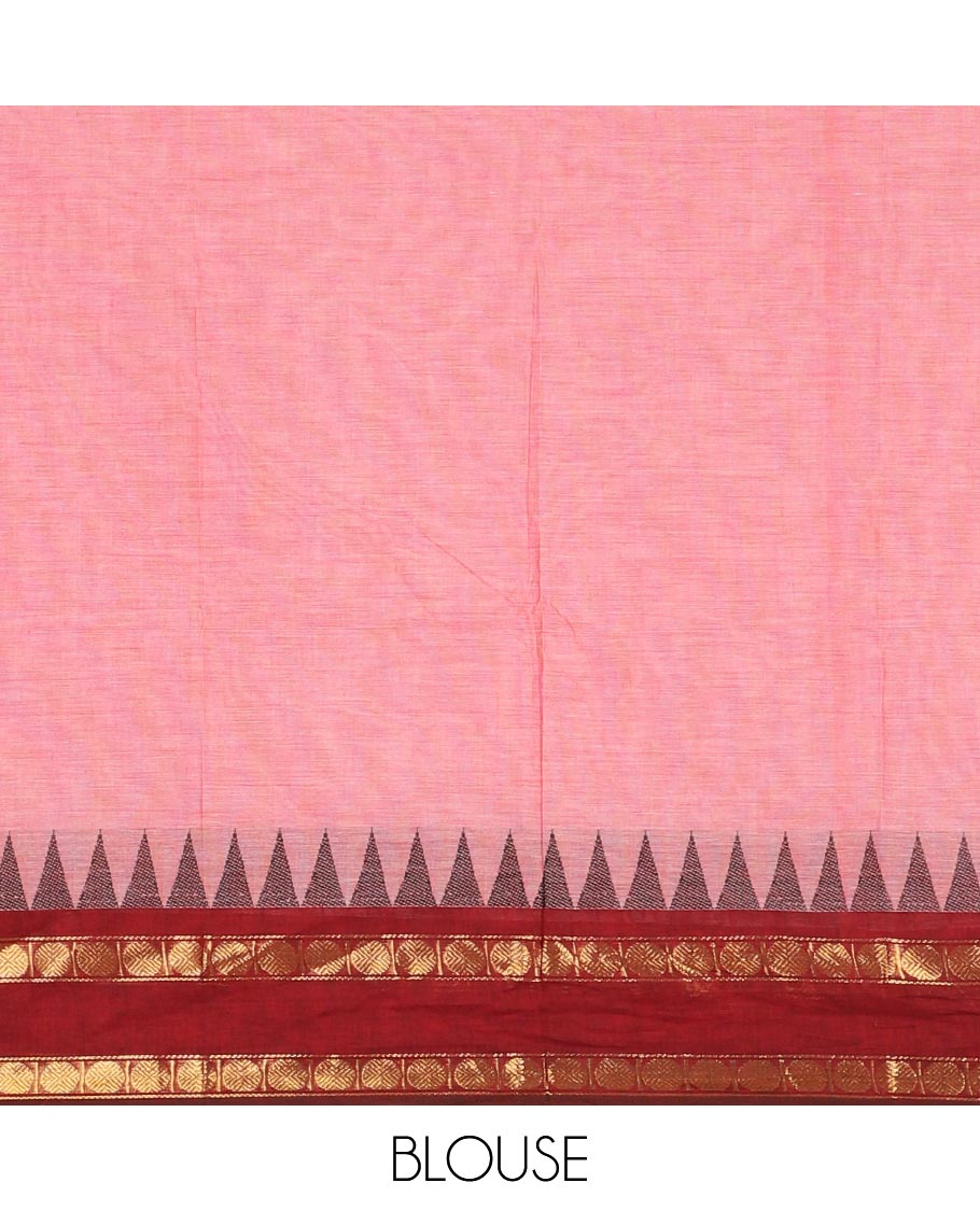 Candy pink plain Chettinad cotton saree, contrast zari rettai pettu temple border of rudraksham motifs, striped pallu and plain blouse