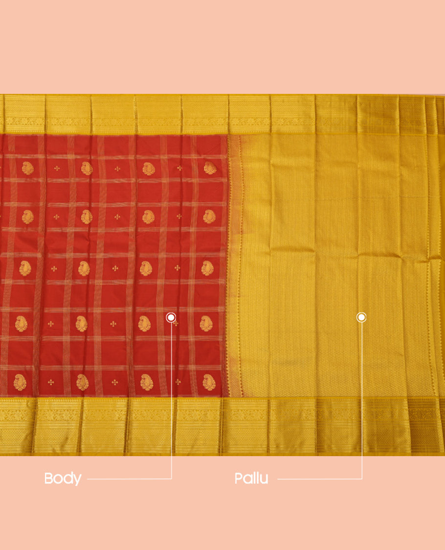 Rust Budget Silk Saree, Woven with Zari Butta Enclosed Checks, Complemented by Contrast Traditional Zari Border, Grand Pallu and a Contrast Blouse