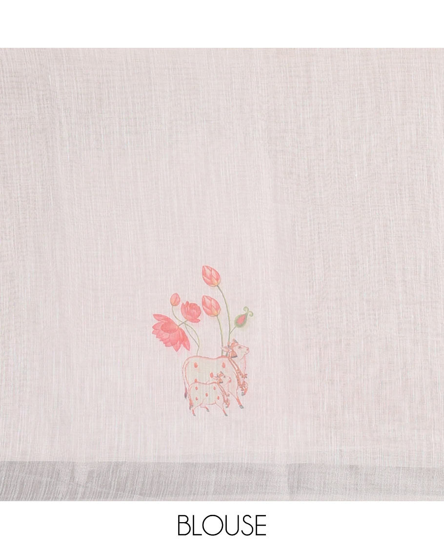 White Pichwai Lotus, cow, and paisleys printed linen cotton saree, silver zari border, striped pallu and plain blouse