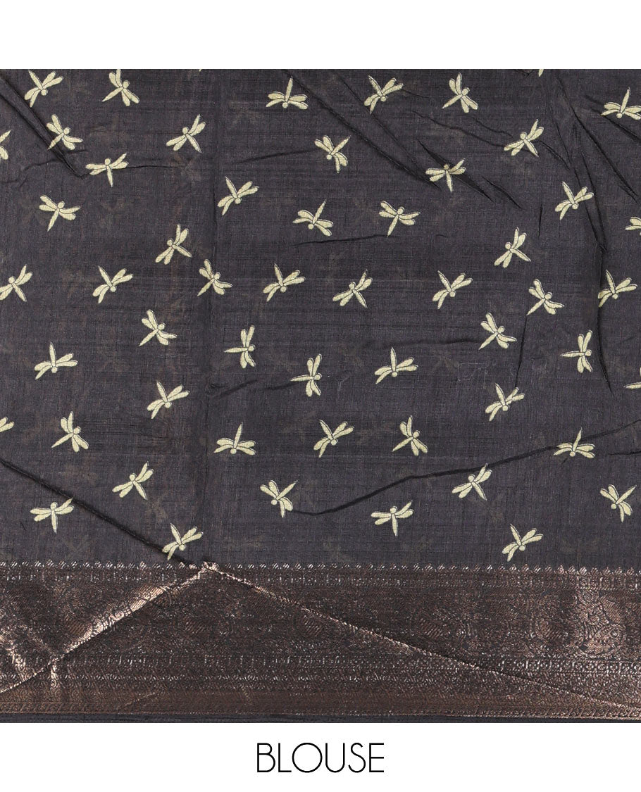 Black-green dargon fly and cranes motifs printed dola silk saree, contrast gold zari border, Mughal floral printed pallu, and dragon fly printed blouse