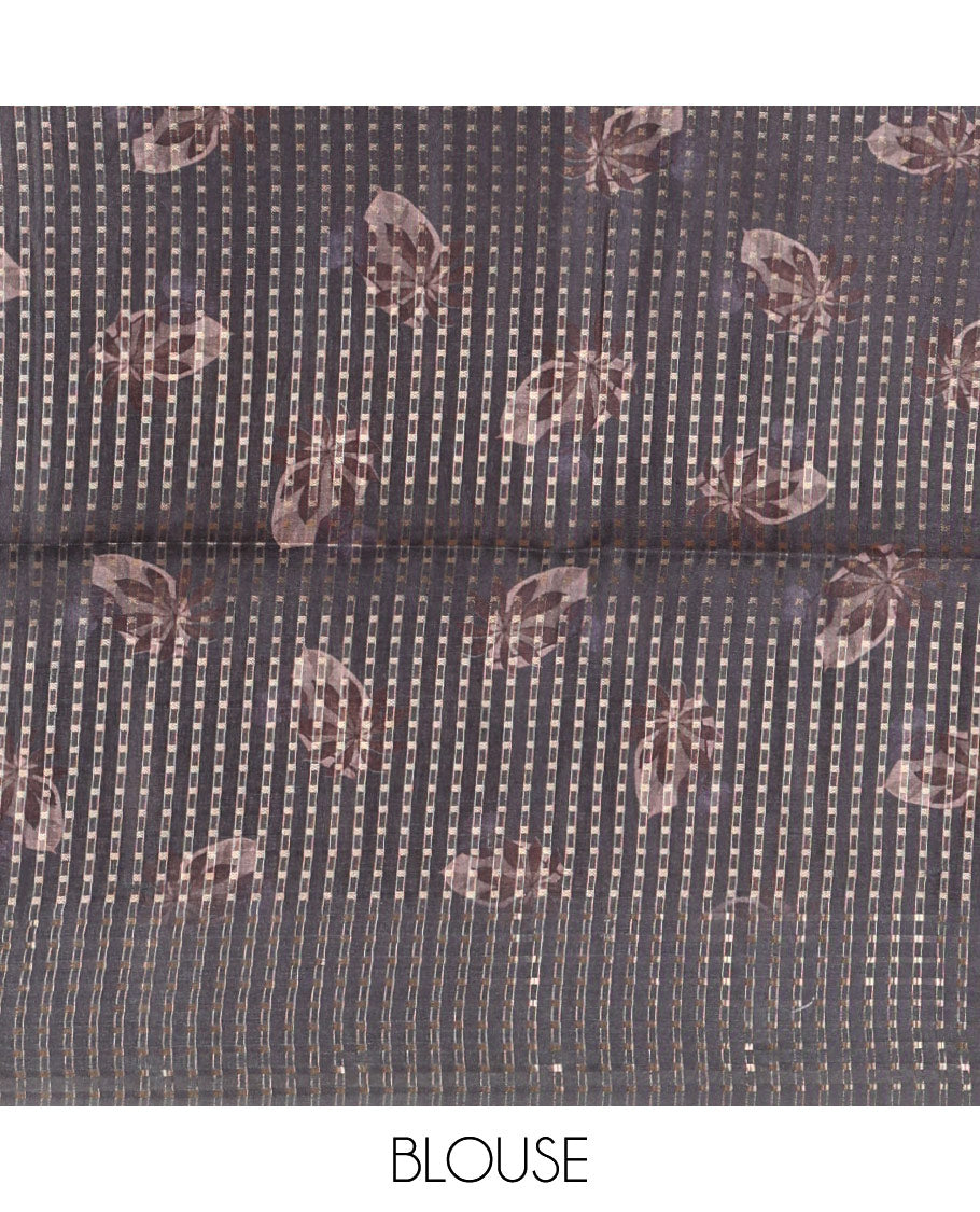 Grey floral-leaf eco-digital printed fancy tussar saree, zari border, pallu of dobby-style buttas & matching blouse of print & zari work