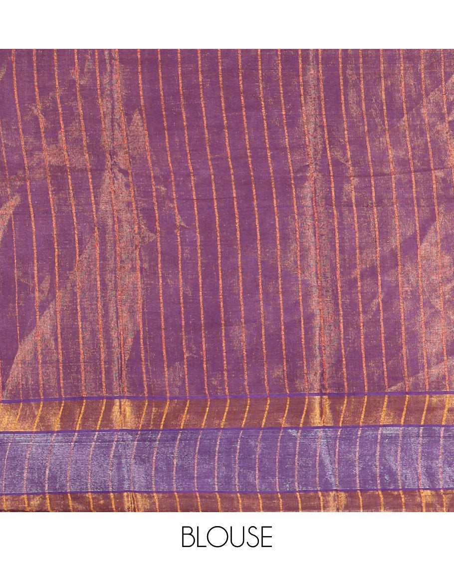 Purple gold zari tissue-style sungudi cotton saree, silver-lined border, silver-lined pallu & matching striped purple blouse