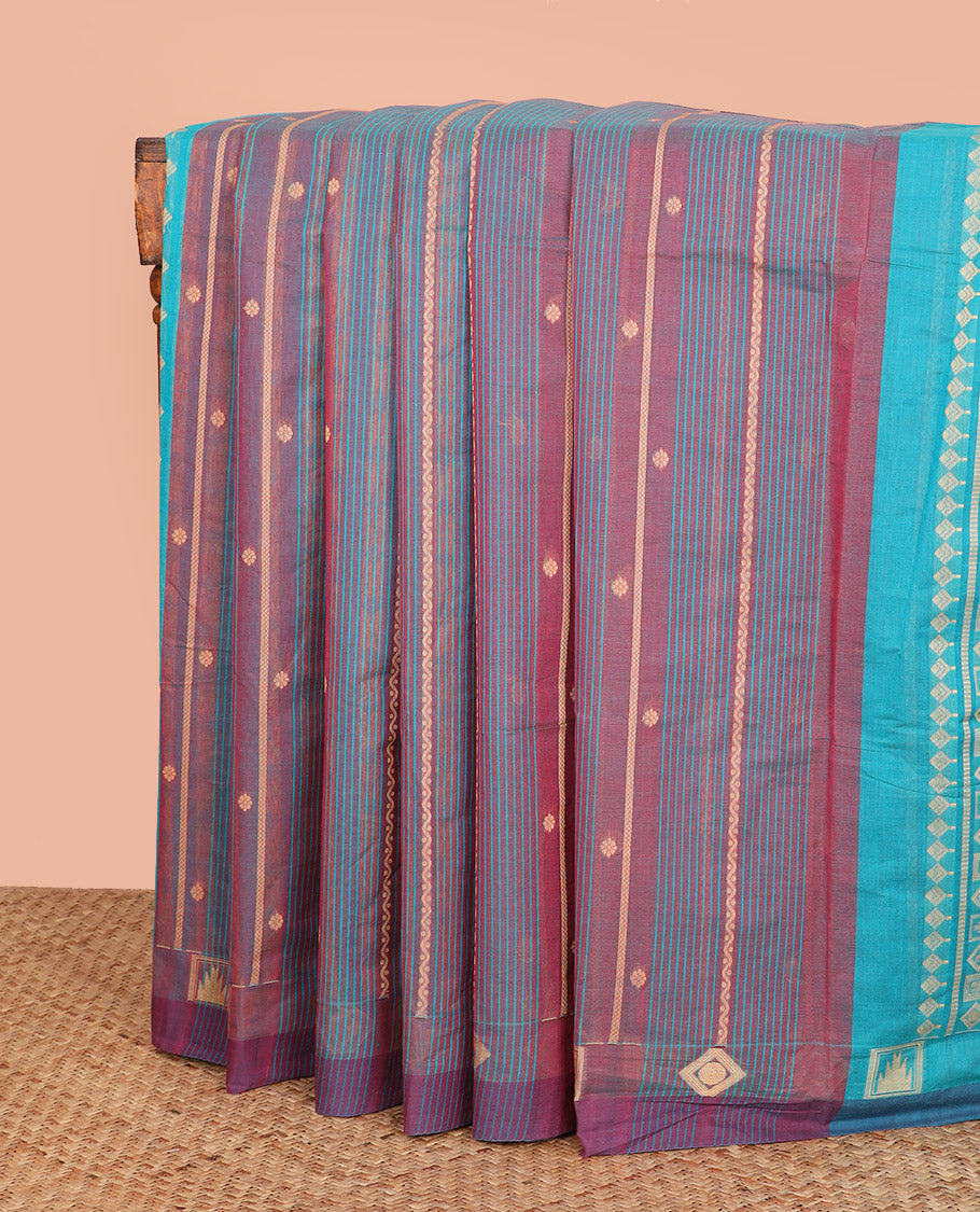 Purple Coimbatore Cotton Saree Enlivened with Traditional Designs All Over Its Body, Subtly Woven Border, Captivating Contrast Pallu of Jaal Designs, and Paired with a Contrast Blouse