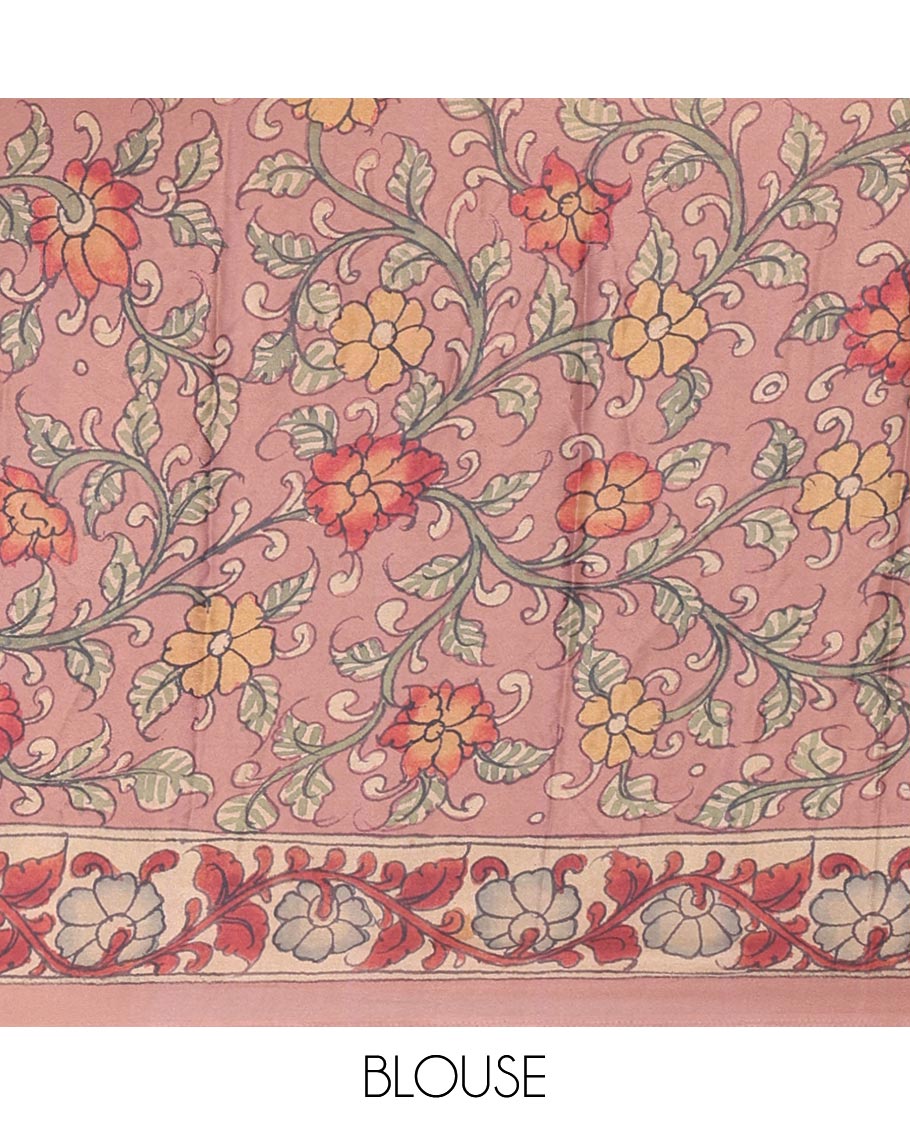 Black Abstract printed Italian crepe saree, contrast kalamkari floral vine printed border, kalamkari printed pallu, and kalamkari printed blouse