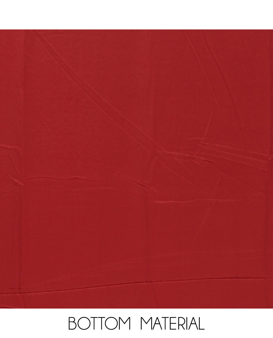 Maroon material chudidar set, floral-theme batik printed with mirror embroidered crepe top, santoon bottom, and Chinon dupatta of print, and mirror embroidery