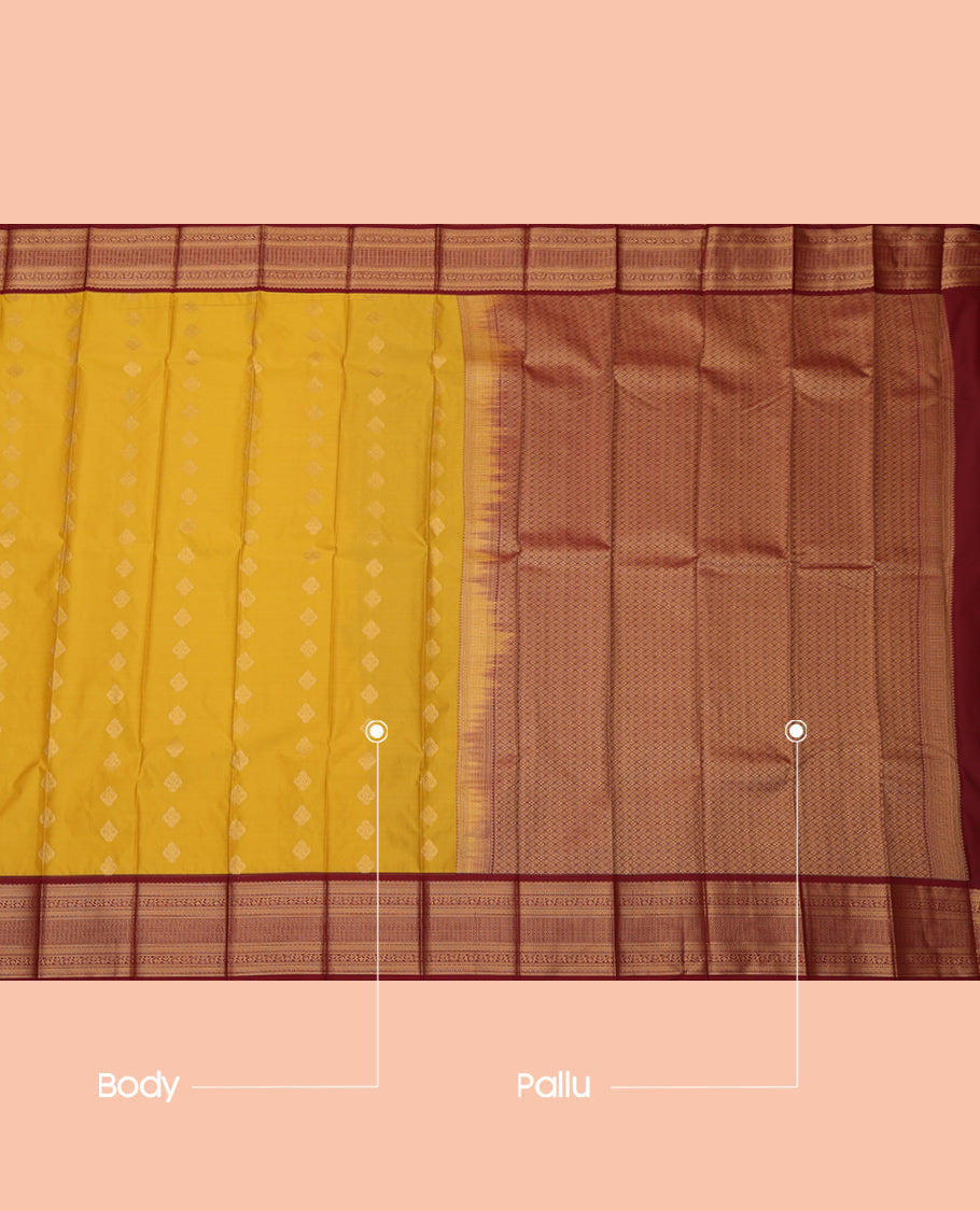 Yellow Budget Silk Saree Featuring Zari Buttas, a Contrast Traditional Zari Border, Jaal Pallu, and a Contrast Blouse