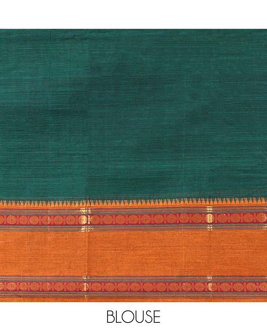 Green plain Narayanapet cotton saree, contrast traditional design ganga jamuna border & striped pallu