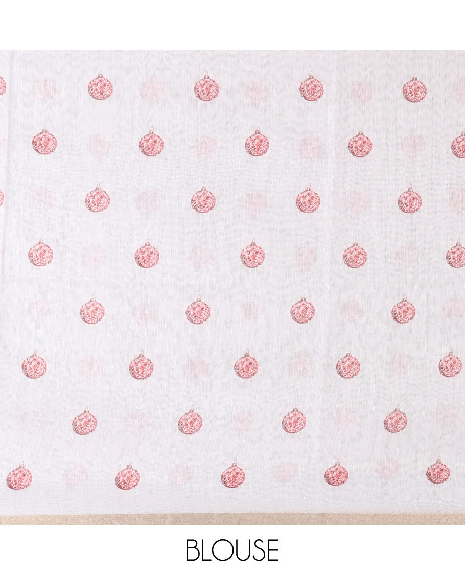 White Christmas ornaments digital printed Chanderi saree, piping border, Chirstmas theme printed pallu, and Christmas ornaments printed blouse