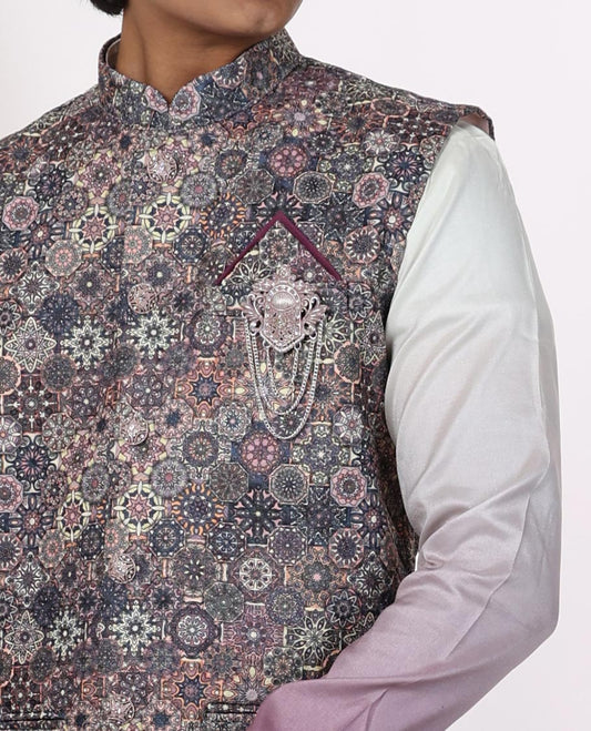 multi-color ajrakh style design mandarin collar & full-sleeve long raw silk over coat