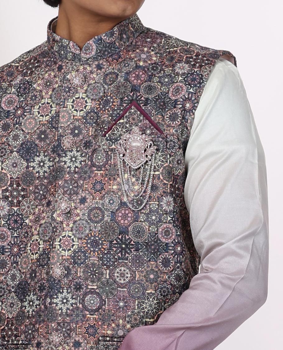 multi-color ajrakh style design mandarin collar & full-sleeve long raw silk over coat