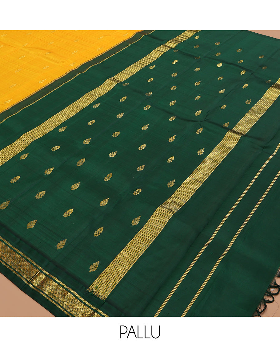 Orange Kanchipuram Silk Saree, Subtly Woven with Zari Buttas, a Contrast Korvai One-Sided Border of Banaras, and Jaal Designs, Zari Design Pallu, and No Blouse