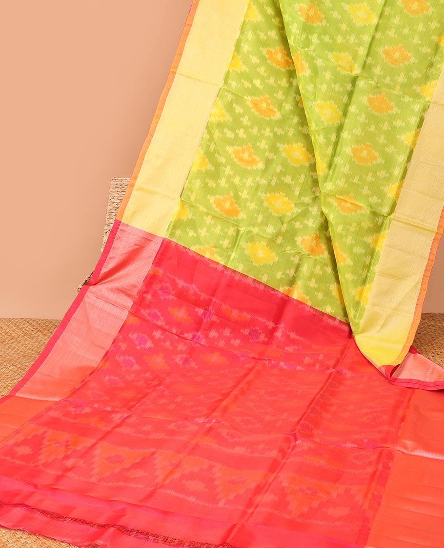Green ikkat argyle semi-uppada saree with contrast zari border & intricate ikkat design pallu