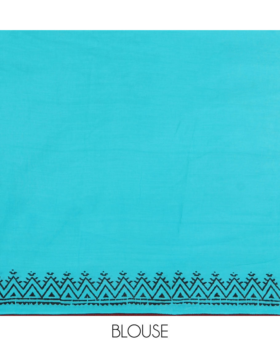 Blue block printed soft cotton saree with bom bom lace border & printed pallu along with plain blouse