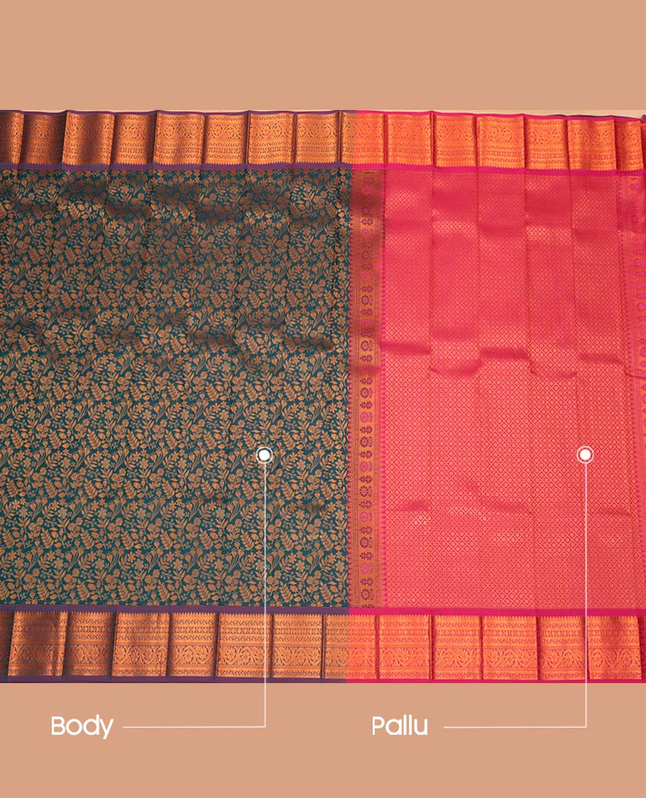 Peacock Blue Budget Silk Saree, Detailed with Floral Vine Design, Complemented by Contrast Traditional Zari Border, a Jaal Pallu and a Contrast Blouse