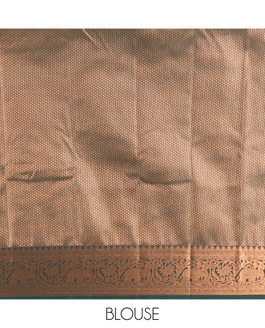 Maroon plain luxury soft silk saree, contrast traditional temple zari border of elephant motifs, geometric zari pallu, and a contrast jacquard blouse