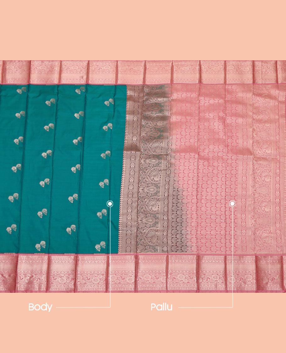 Green Budget Silk Saree, Gleamed Up with Zari Buttas, Complemented by a Contrast Traditional Zari Border, Intricately Designed Pallu, and a Contrast Blouse