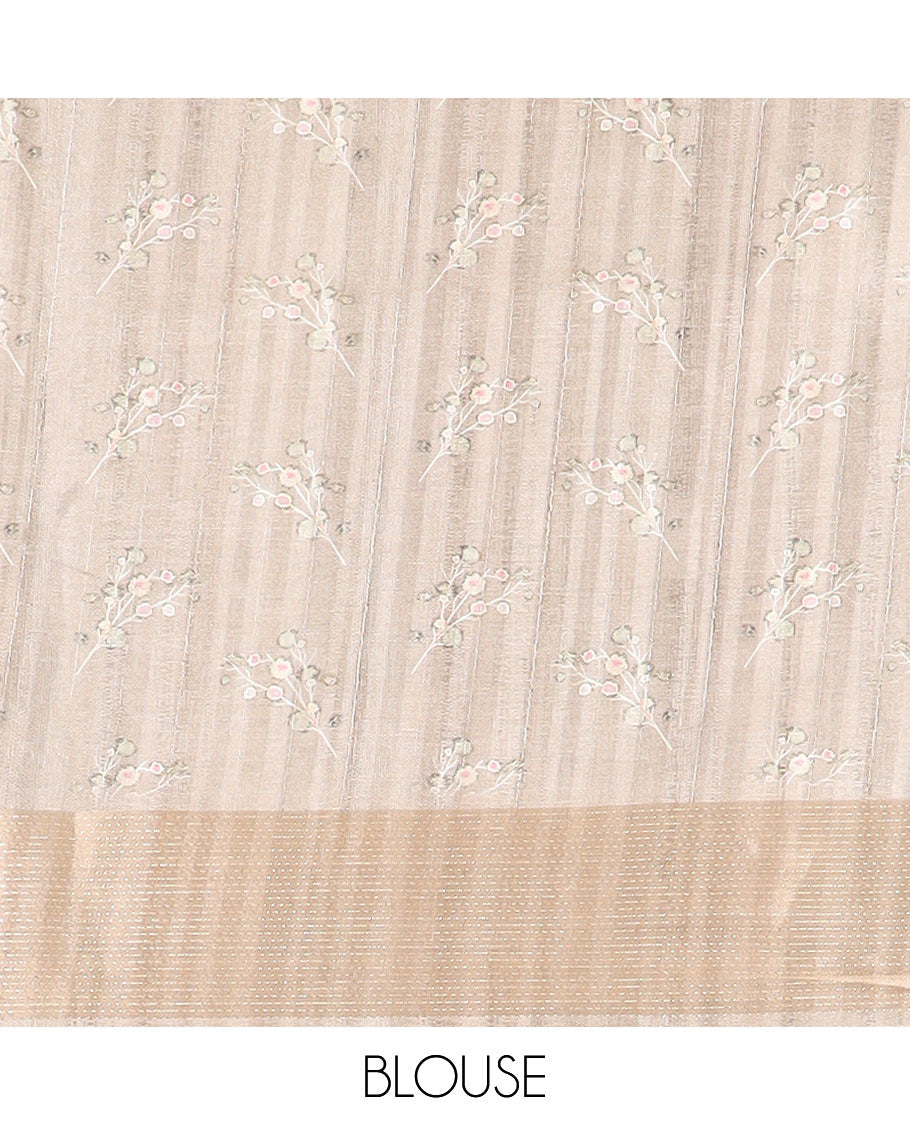 Navy blue digital floral print semi tussar Saree with bawanchi zari border & floral printed pallu , contrast printed blouse