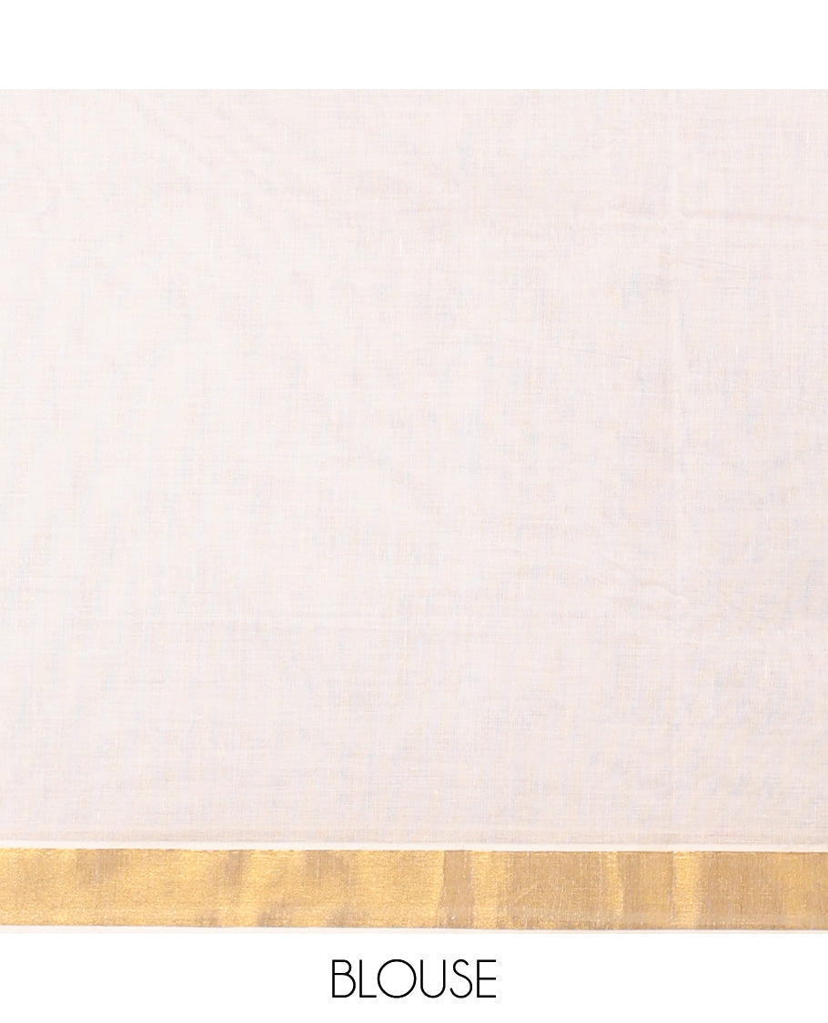 Cream kerala saree with zari designs, zari border & pallu of paisley designs in zari