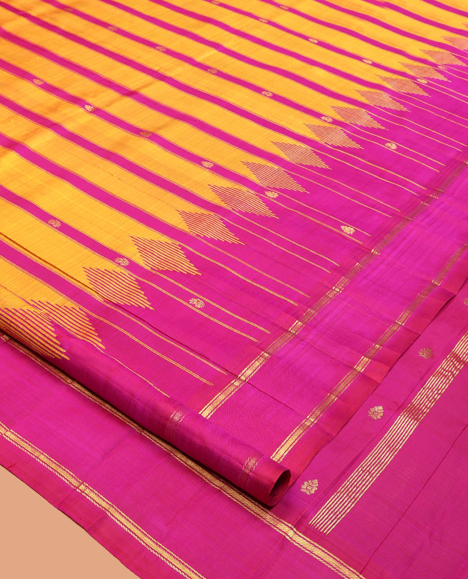 Yellow-Pink Striped Kanchipuram Silk Saree