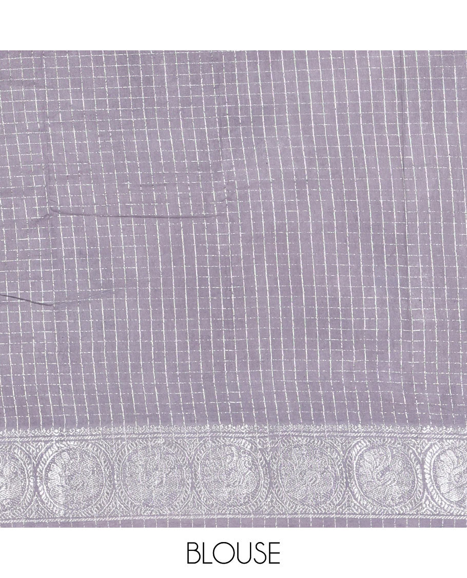 Navy blue and grey checked sungudi cotton saree, contrast silver zari round peacock border, striped pallu, and a contrast checked blouse