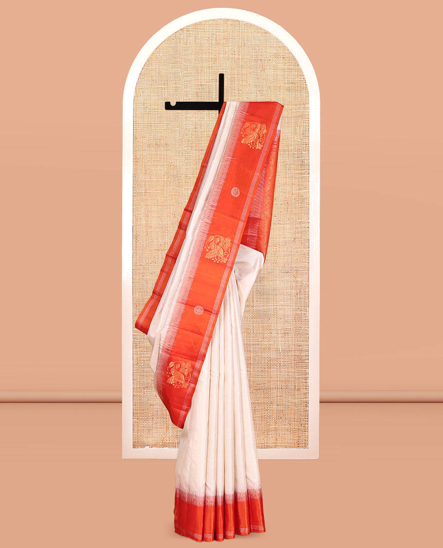 Off-White Striped Kanchipuram Silk Saree, Complemented by a Contrast Hummingbird and Chakram Border, Grand Pallu, and a Contrast Blouse