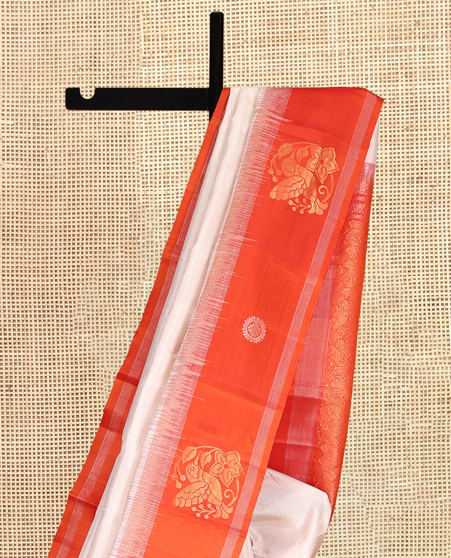 Off-White Striped Kanchipuram Silk Saree, Complemented by a Contrast Hummingbird and Chakram Border, Grand Pallu, and a Contrast Blouse