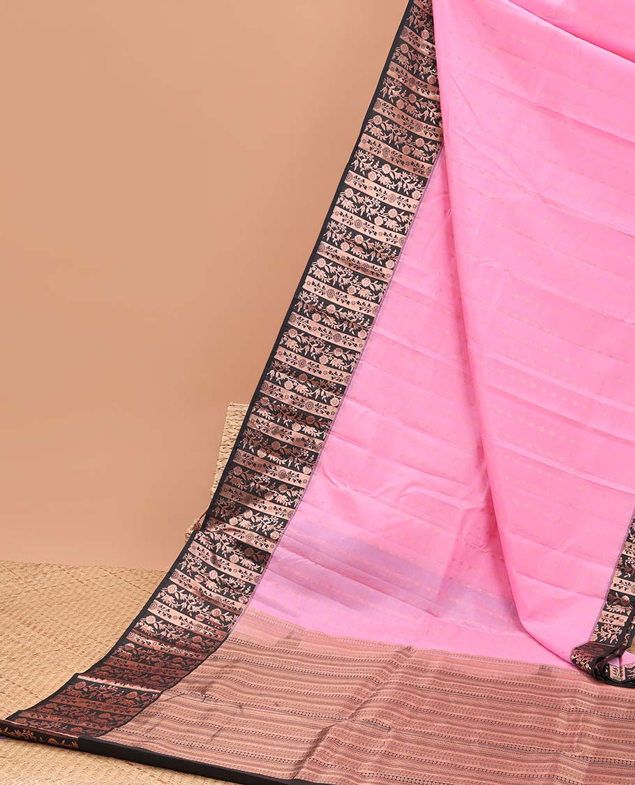 Pink floral design vasundhara elite silk saree with contrast floral zari design border & striped zari design pallu