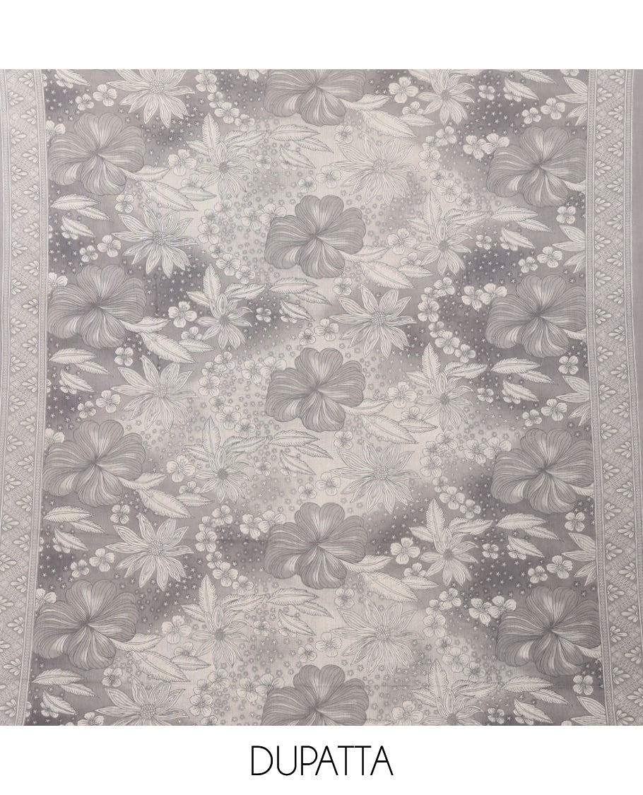 Grey cotton chudidar material set,floral print & neck sequin embroidery top,stripes printed bottom & floral printed dupatta