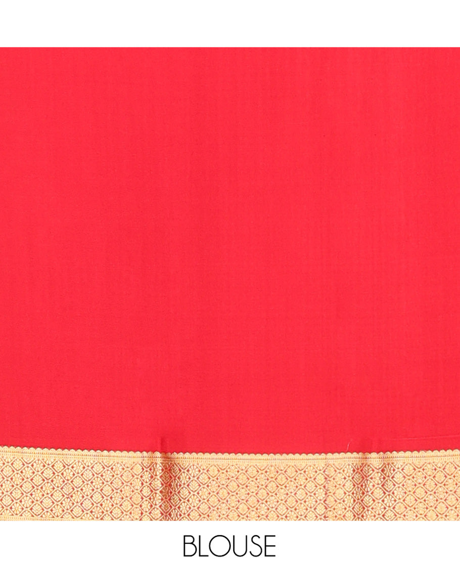 Red Mysore Silk Saree, Steeped with Dobby-Style Buttas All Over Its Body, Highlighted by Jaal Patterned Border, Pallu of Jaal Designs, and Paired with a Matching Blouse
