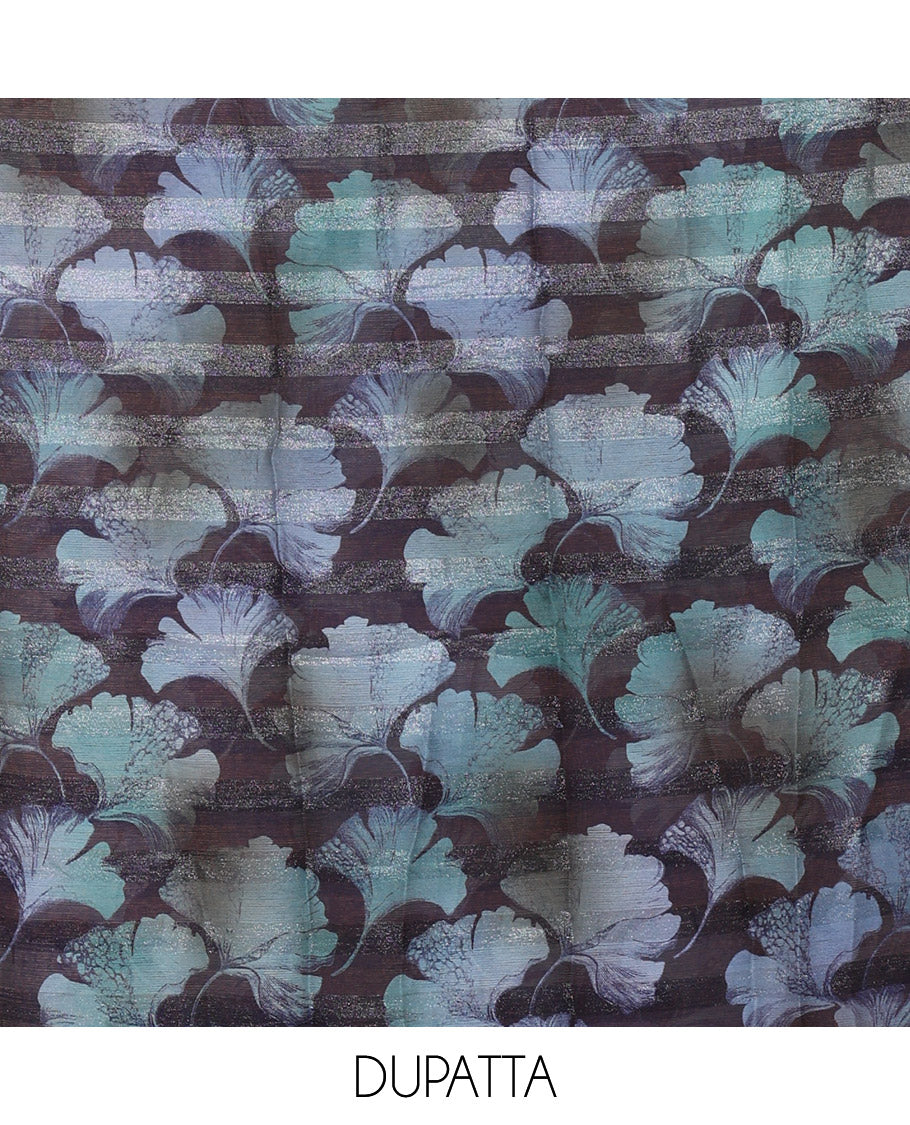 Blue Material Churidar Set, Elevated with Floral Printed Patch Embroidery Vichitra Silk Top, Comes with a Plain Santoon Bottom, and a Floral Printed Shimmer Georgette Dupatta