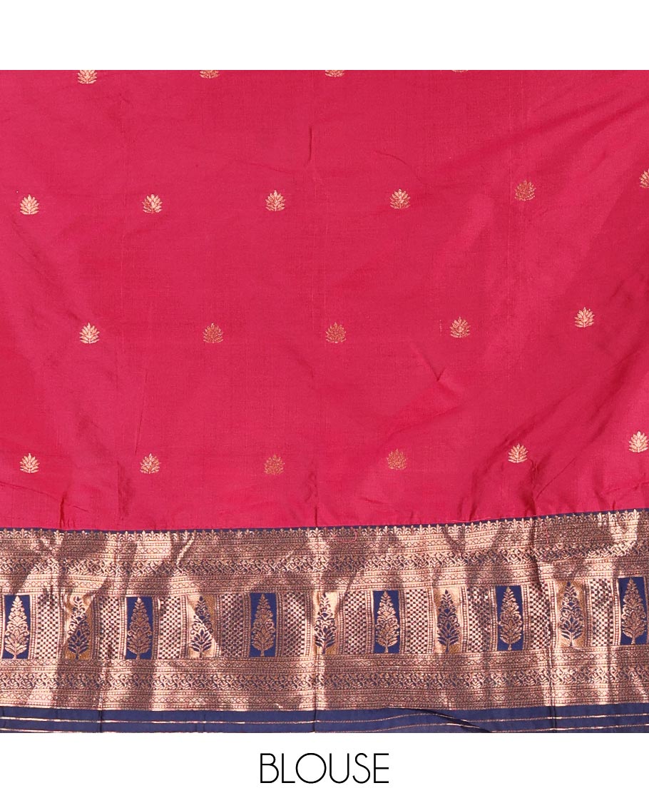 Pink taffeta silk half saree, zari buttas with contrast blue traditional zari border, matching zari blouse, and contrast plain zari border dhavani
