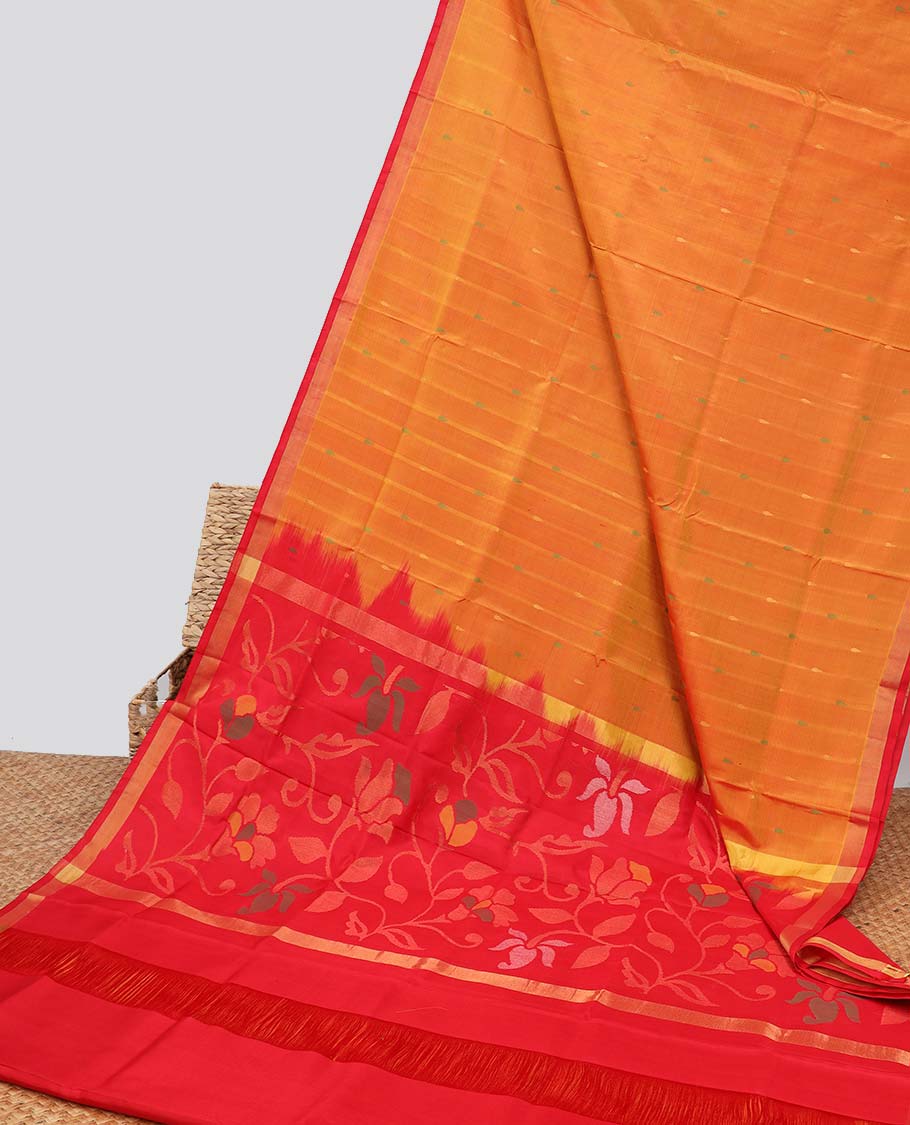 Brown striped , floral uppada silk saree with contrast zari border & floral vine design pallu