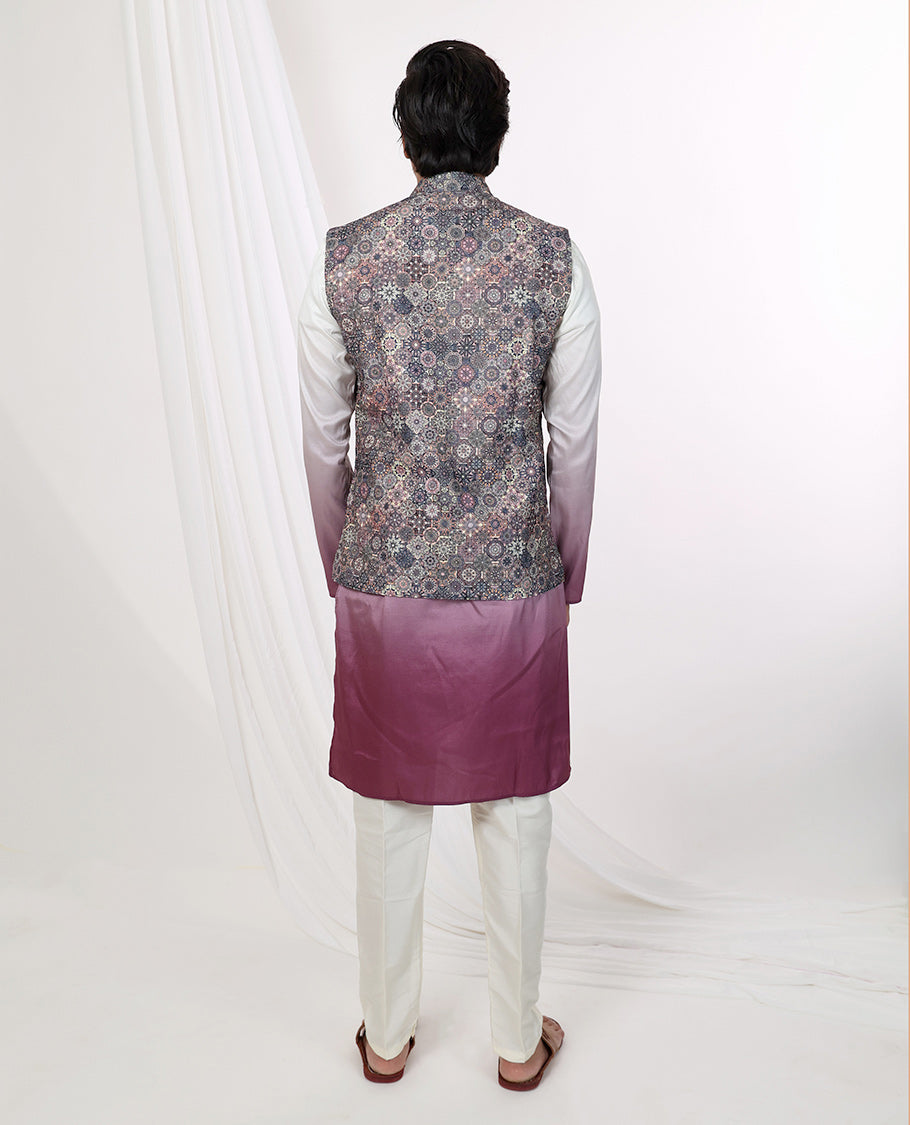 multi-color ajrakh style design mandarin collar & full-sleeve long raw silk over coat