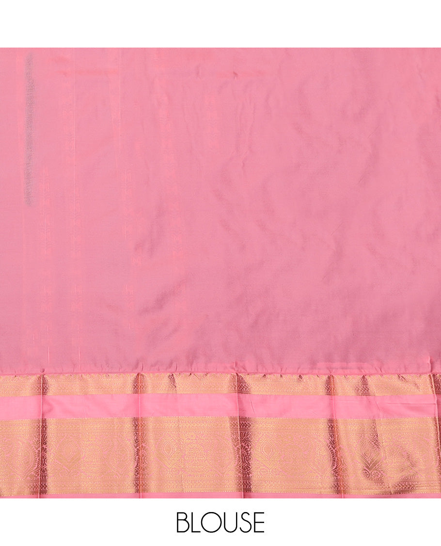 Navy Blue Budget Silk Saree, Bedecked with Zari Buttas and Stripes All Over Its Body, Complemented by a Contrast Traditional Zari Design Rettai Pettu Border, Grand Jaal Pallu, and Paired with a Contrast Blouse