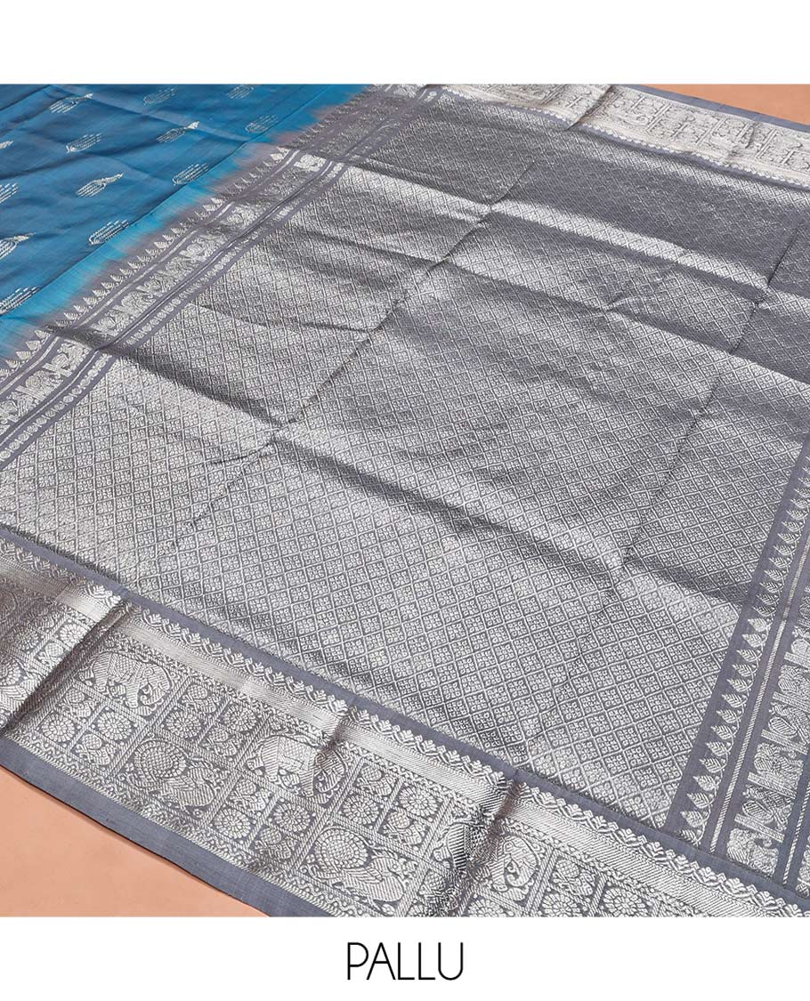 Blue Venkatagiri Silk Saree, Woven with Zari Buttas All Over Its Body, Complemented by a Contrast Traditional Zari Border of Peacock, Elephant, and Chakram Designs, Jaal Design Pallu, and Paired with a Contrast Blouse