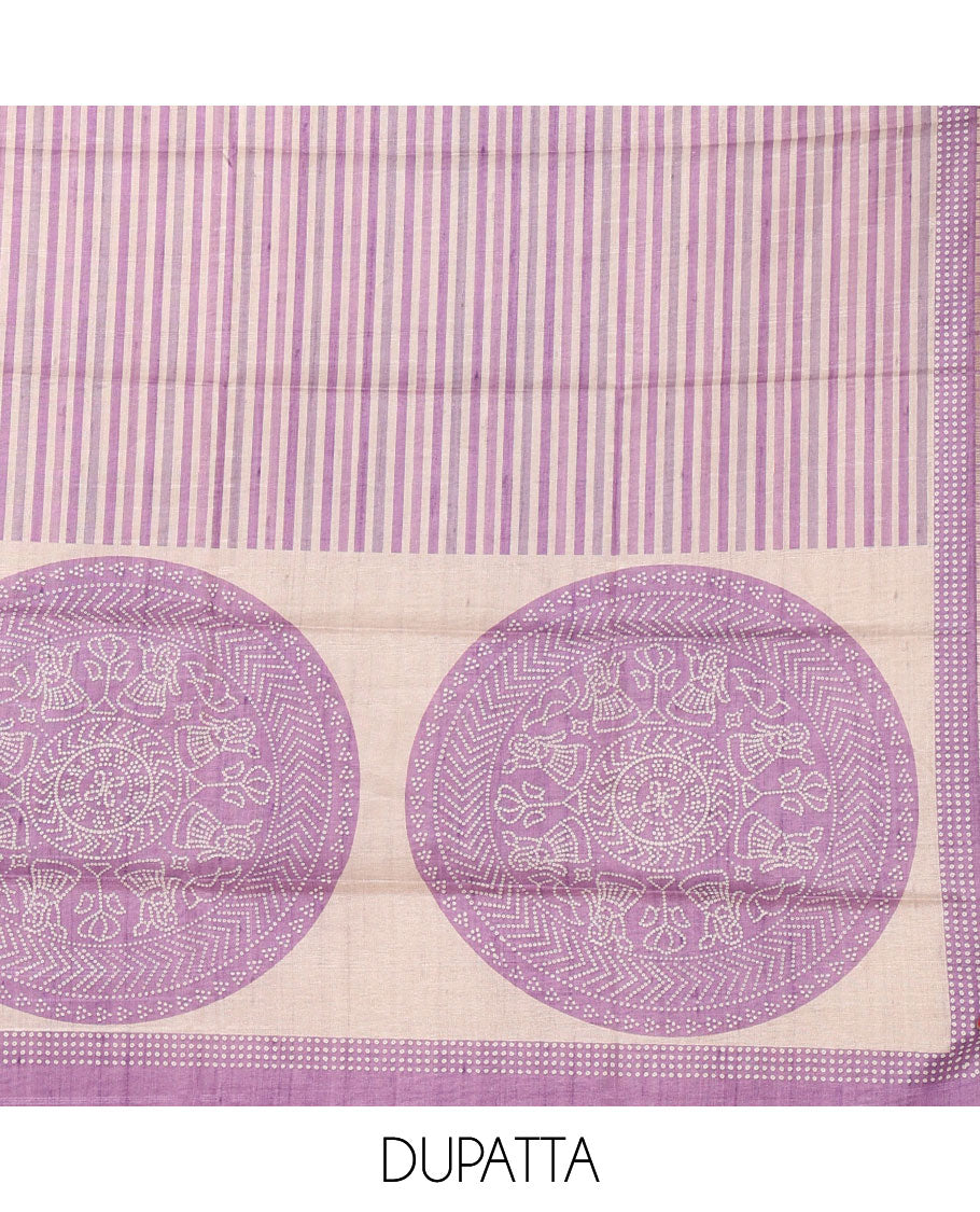 Purple semi-tussar material chudidar set, stripes & bandhani-style dotted motifs printed top & dupatta with heathered bottom