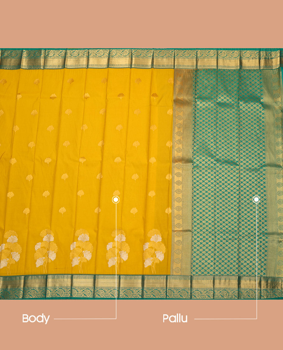 Yellow Budget Silk Saree, Sparsely Woven with Zari Buttas, a Contrast Traditional Zari Border, Grand Pallu, and a Contrast Blouse