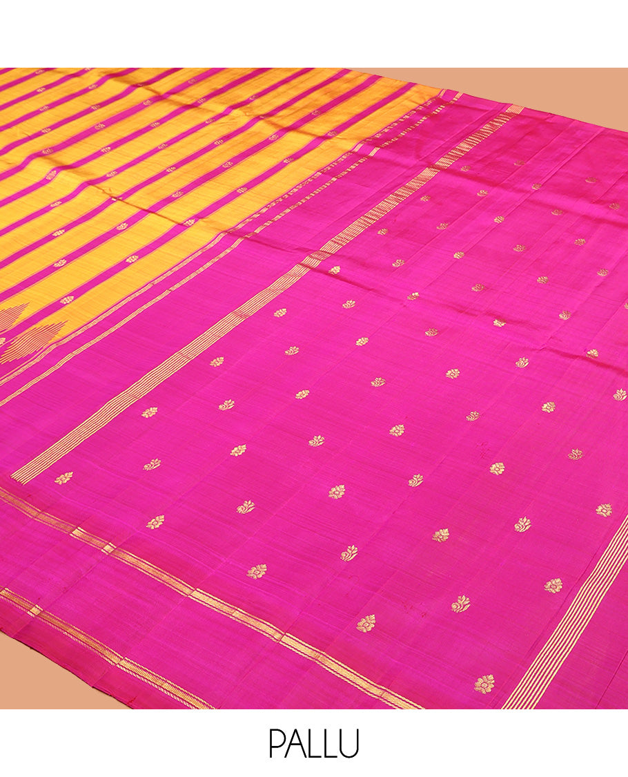 Yellow-Pink Striped Kanchipuram Silk Saree