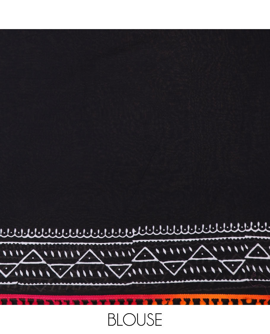 Half white Half white vorli printed design soft cotton saree with bom bom border & block printed pallu along with contrast blouse