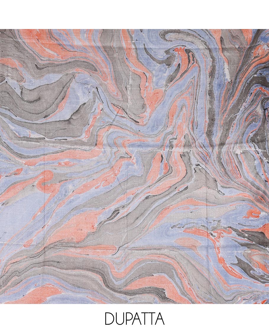 Orange semi-jute cotton material churidar set, abstract marble print top, abstract marble print bottom, and abstract marble print dupatta