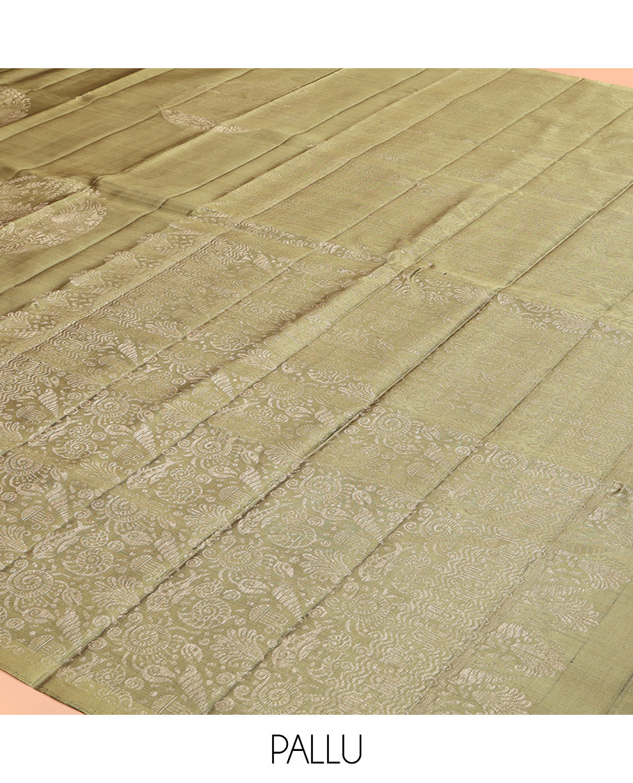 Borderless Pale Green Mayuri Lite Silk Mix Saree, Uniquely Detailed with Round Buttas All Over Its Body, Highlighted by a Self-Pallu of Sea-Themed Designs, and Paired with a Matching Blouse